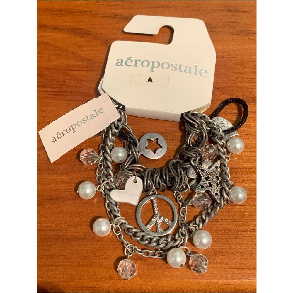 Aeropostale Silver Multi-Chain Charm Bracelet with Pearls and Crystals